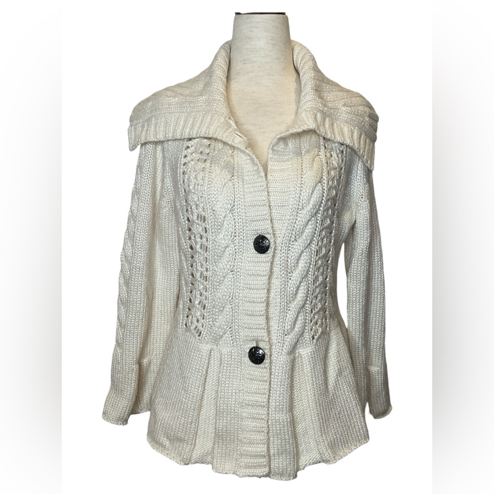 St. John Chunky Cable Knit Cardigan Ivory Peplum Shawl Collar Wool Blend Small